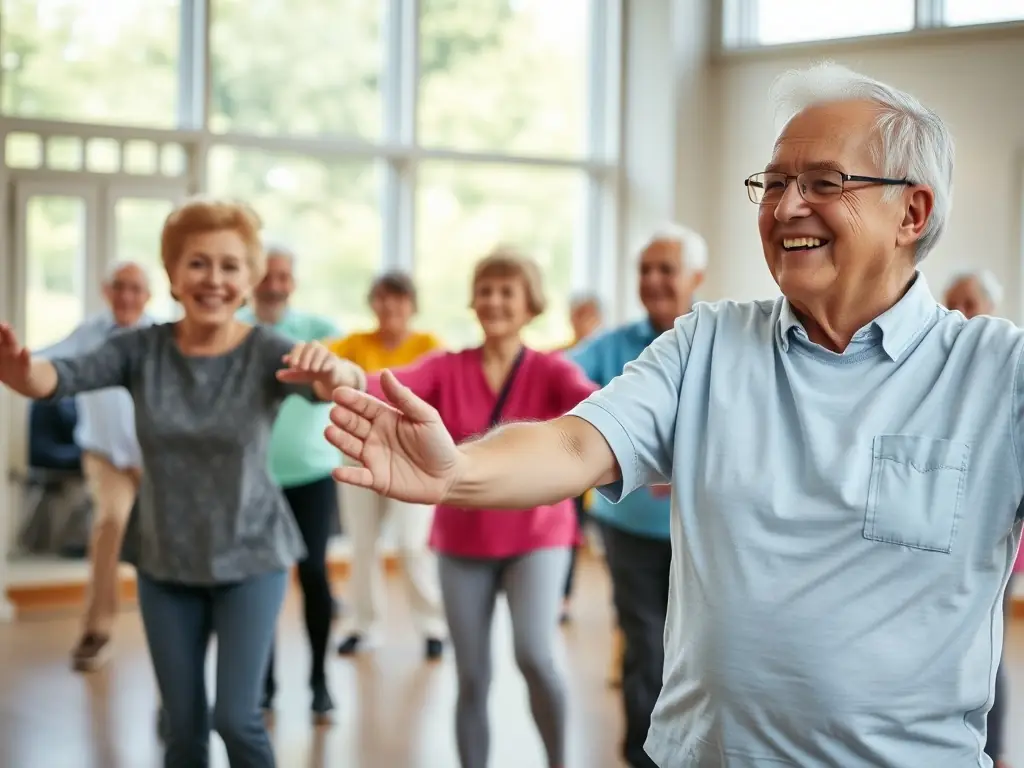 A group of seniors participating in a gentle stretching exercise class, led by a qualified instructor, in a bright and spacious community center. The atmosphere is relaxed and supportive, with participants smiling and engaging with each other.
