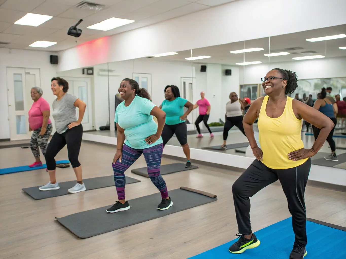 A diverse group of adults participating in a low-impact aerobics class, led by an energetic instructor, in a modern gym setting. The participants are smiling and motivated, demonstrating various aerobic exercises.