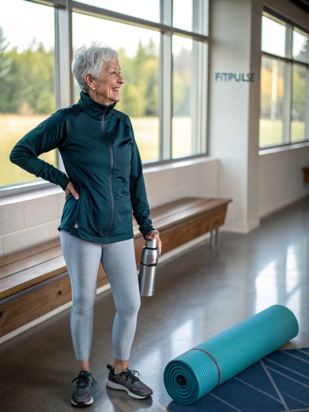 A senior woman smiling confidently while performing a gentle stretching exercise, highlighting the physical benefits of the program.