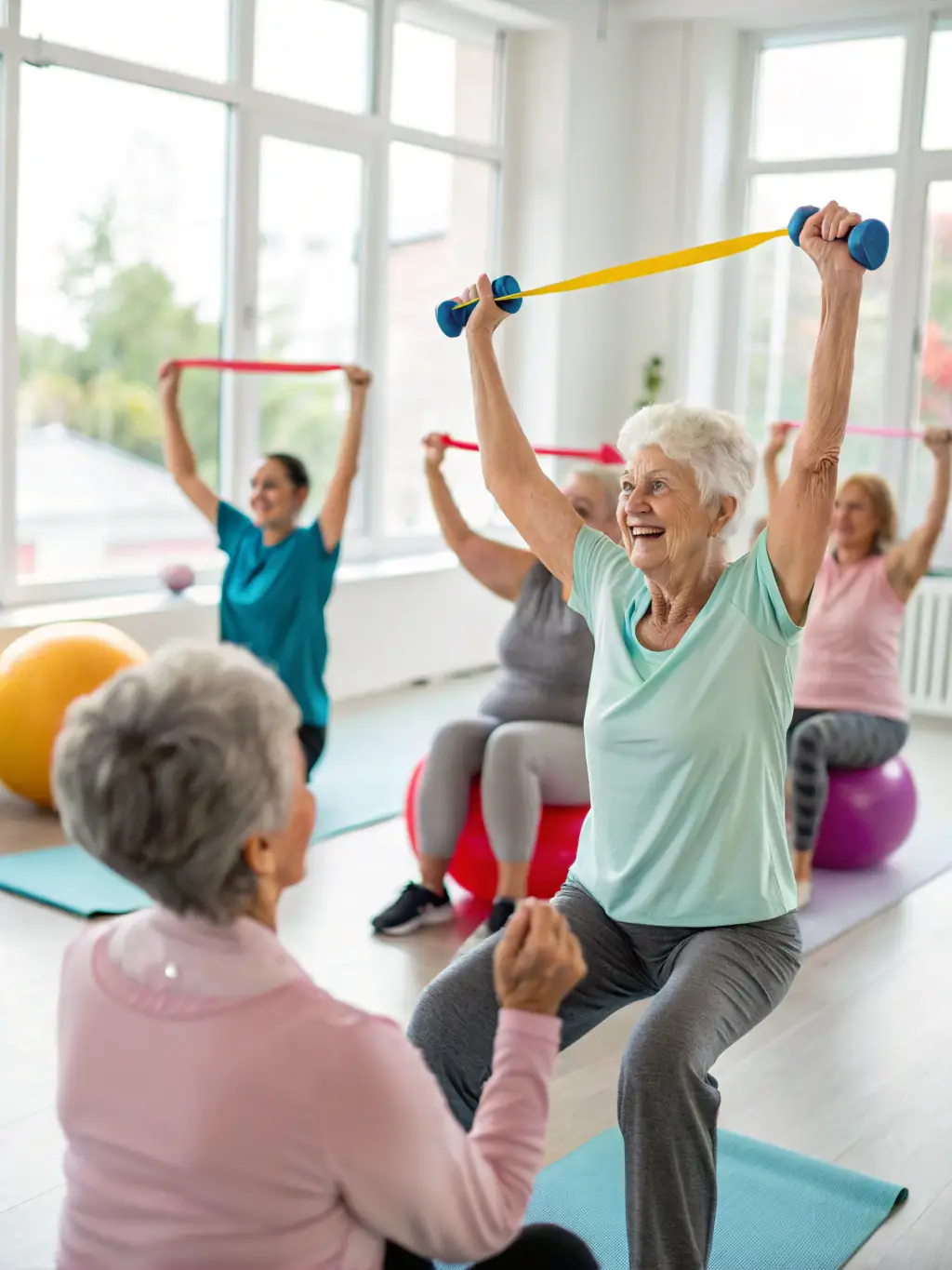 A group of individuals using light weights and resistance bands in a strength training class, supervised by a fitness professional. The image should demonstrate safe and effective exercise techniques.