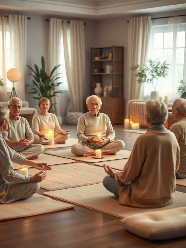 Participants practicing relaxation techniques in a serene setting, guided by an instructor. The image should evoke calmness and mindfulness.