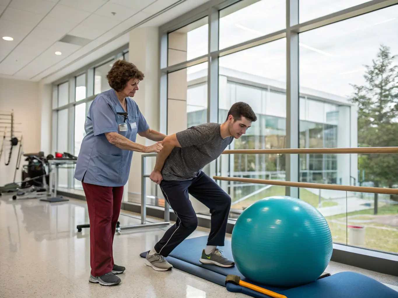An individual receiving personalized guidance from a physical therapist during a one-on-one session, focusing on muscle strengthening and rehabilitation exercises. The setting is a well-equipped therapy room with various exercise tools.