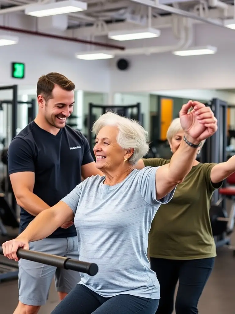 A senior individual successfully completing a strength exercise with the support of a trainer, demonstrating personal growth and achievement.