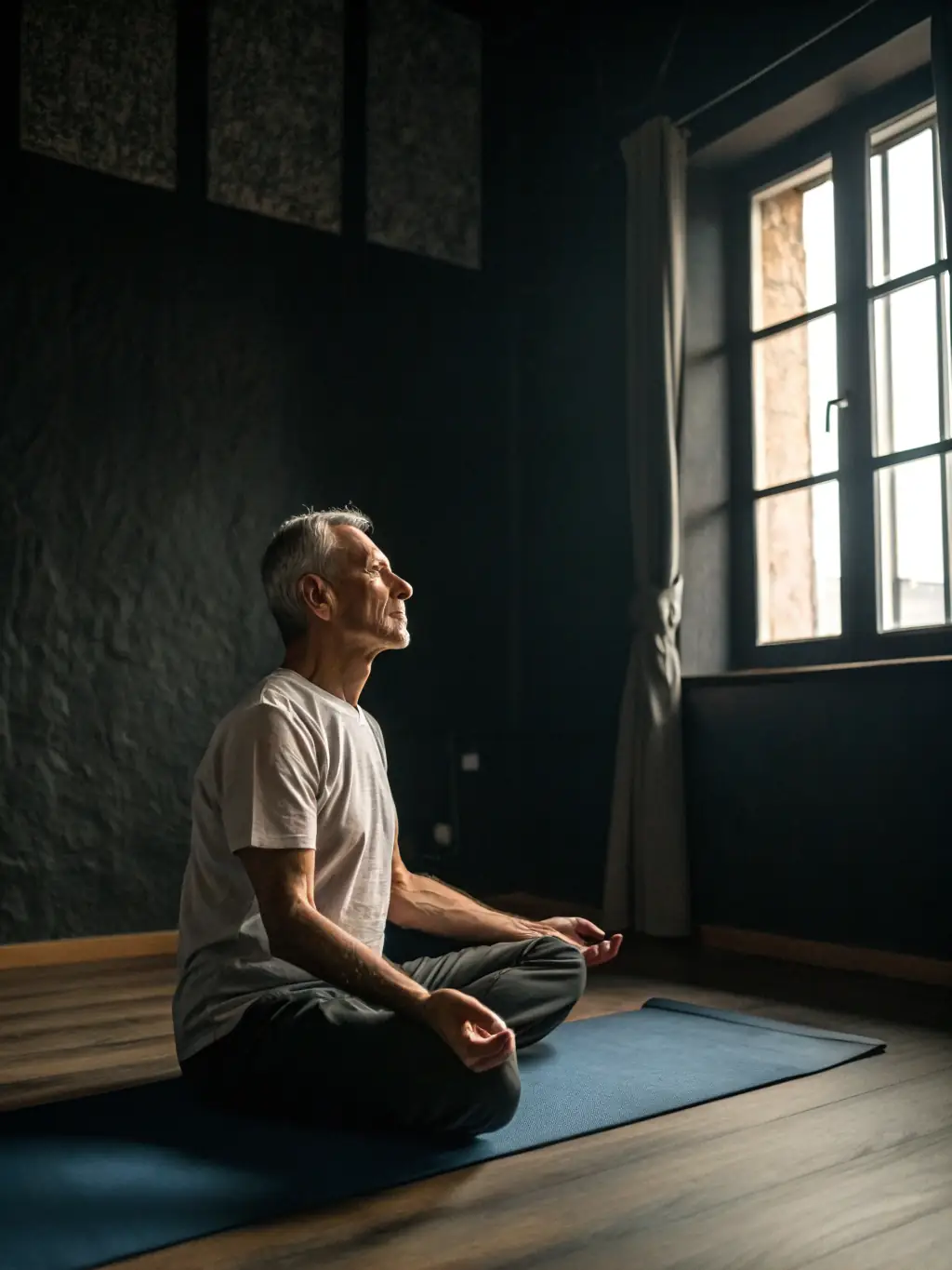 A serene image of a senior man practicing relaxation techniques, emphasizing the mental health benefits of the program.