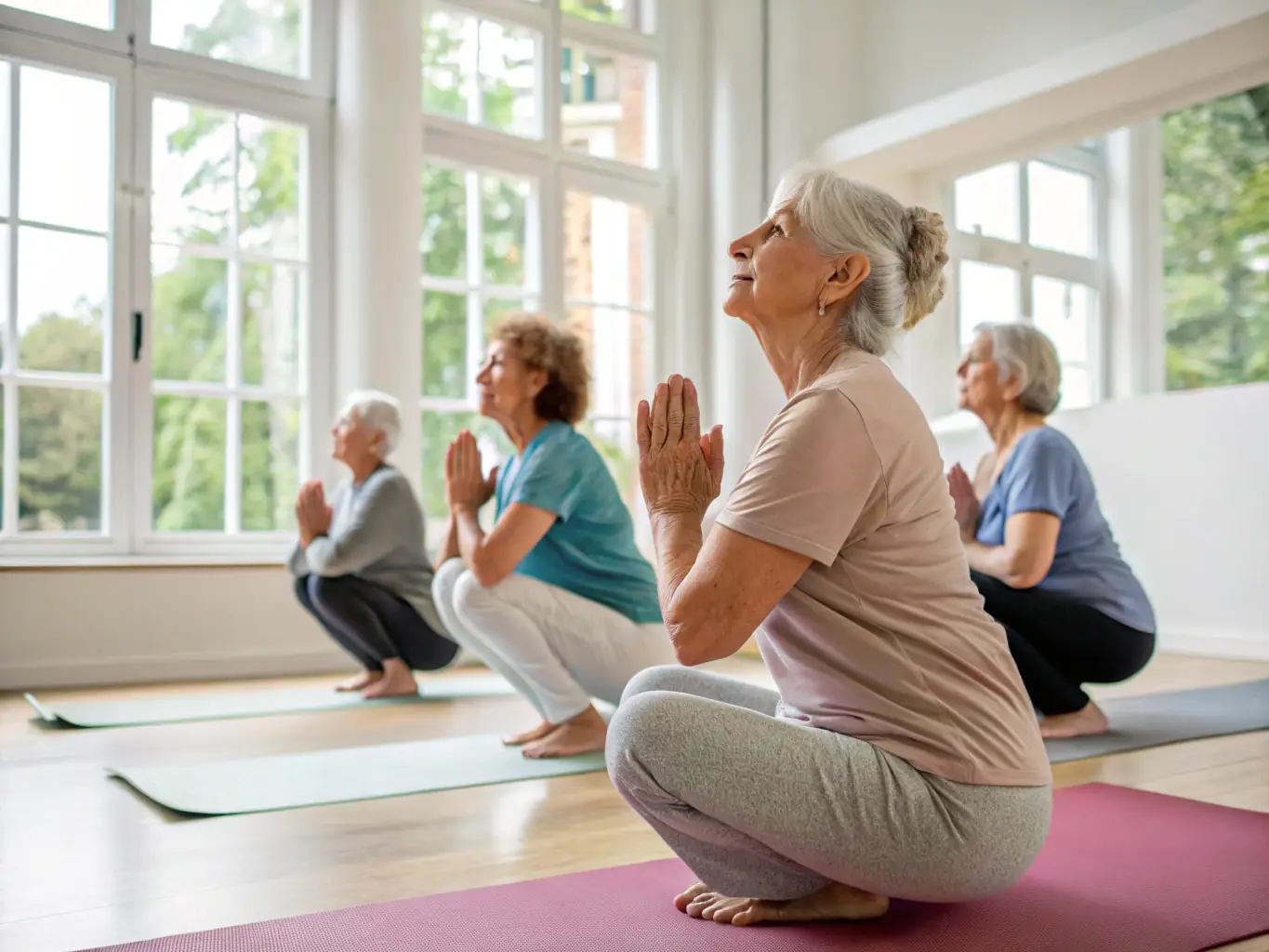 A serene image of participants engaged in a gentle stretching exercise during a relaxation session, set in a bright and airy studio with soft lighting.