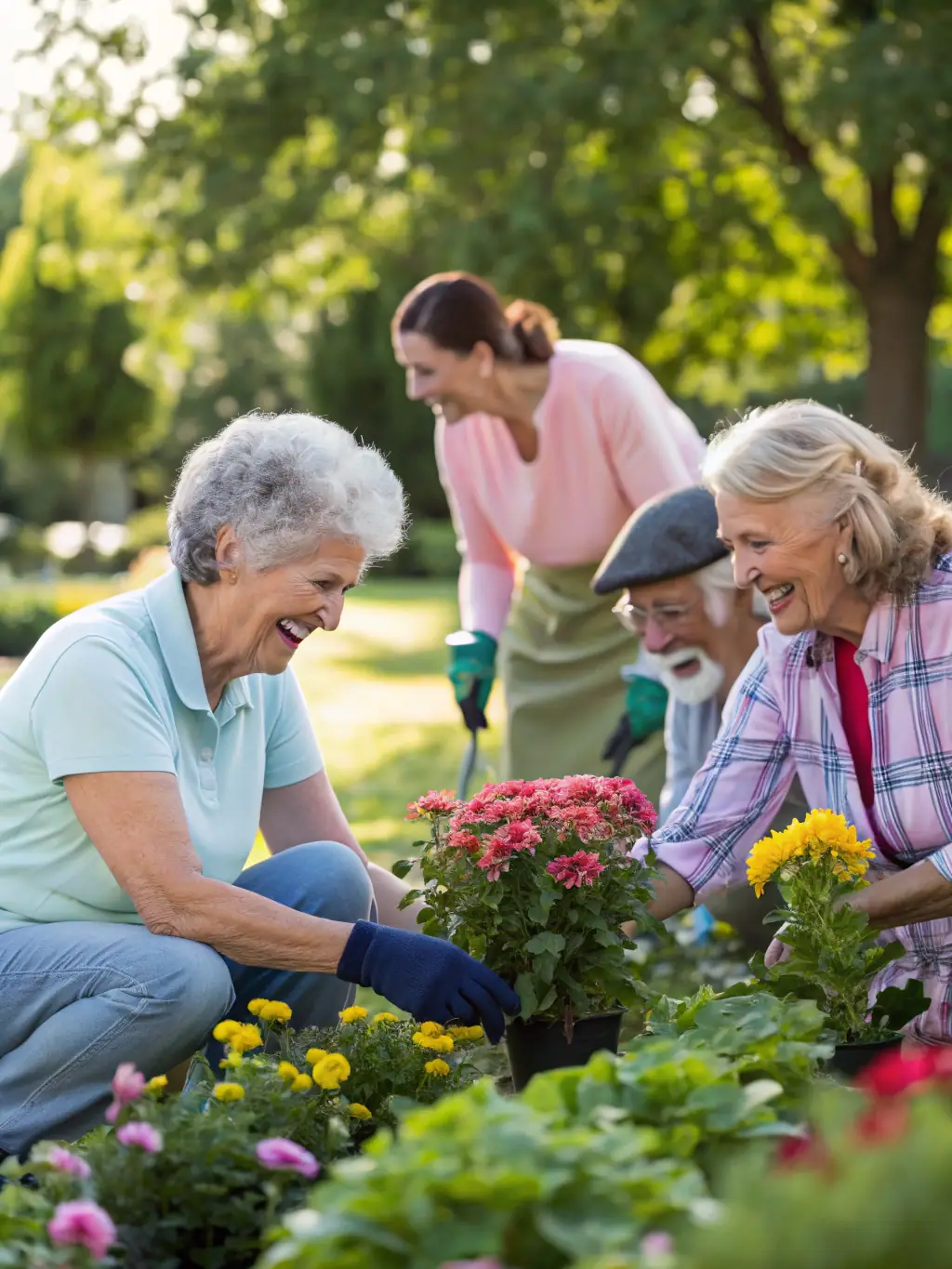 A diverse group of seniors laughing and exercising together in a sunny park, showcasing the social benefits of the program.