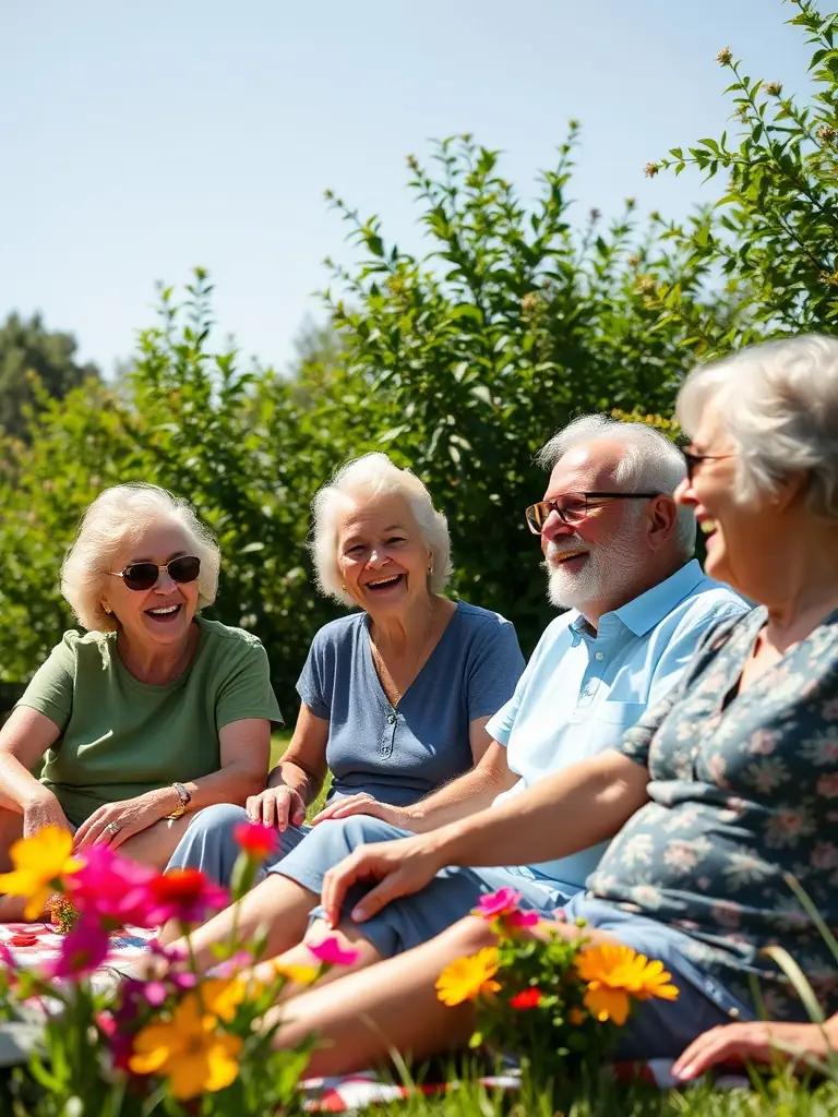 A group of seniors participating in a gentle stretching session outdoors, smiling and engaging with a trainer. The image should convey a sense of community and well-being.