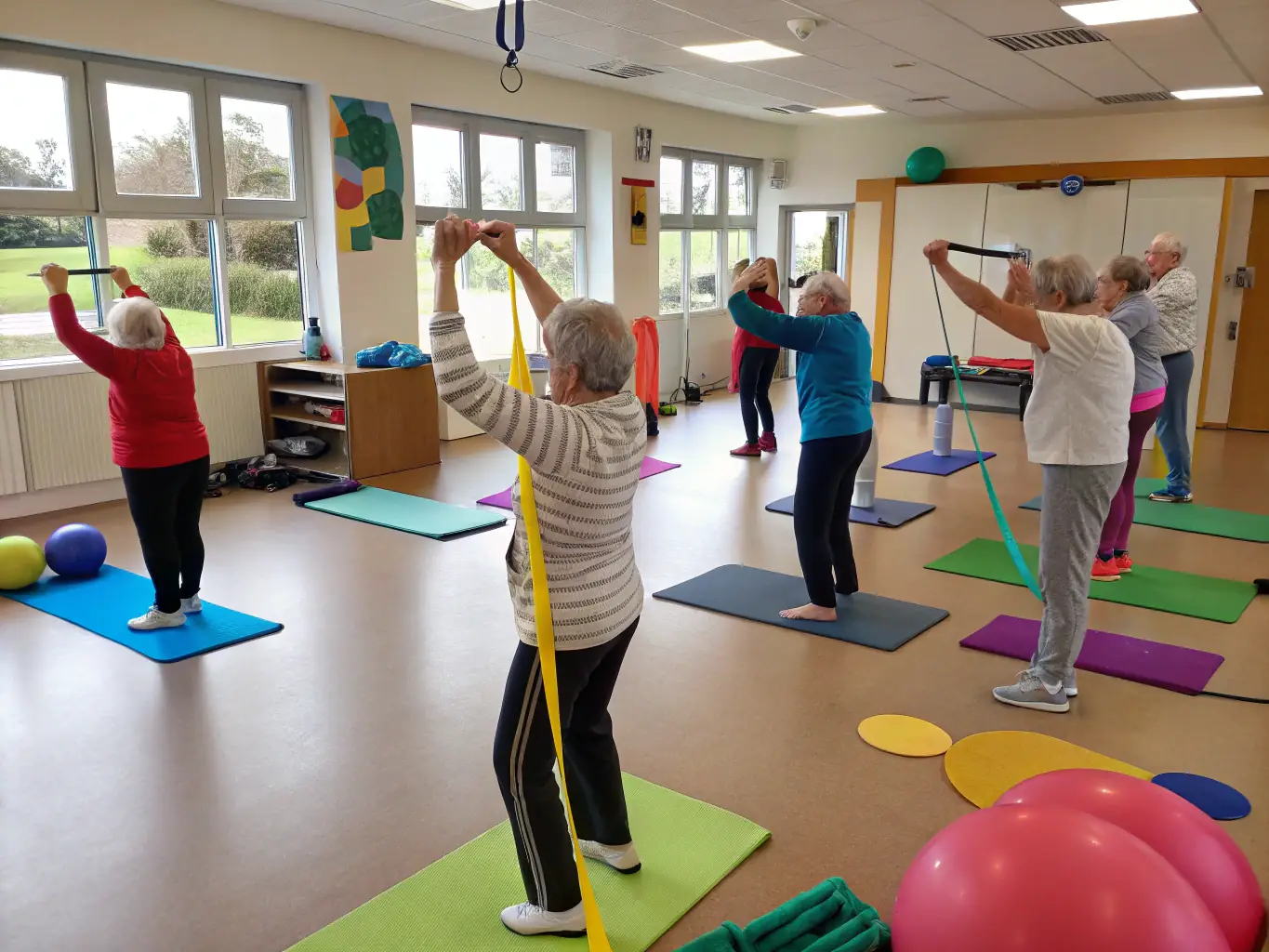 An inspiring image of participants lifting light weights and using resistance bands in a strength training class, focusing on building muscle and endurance.