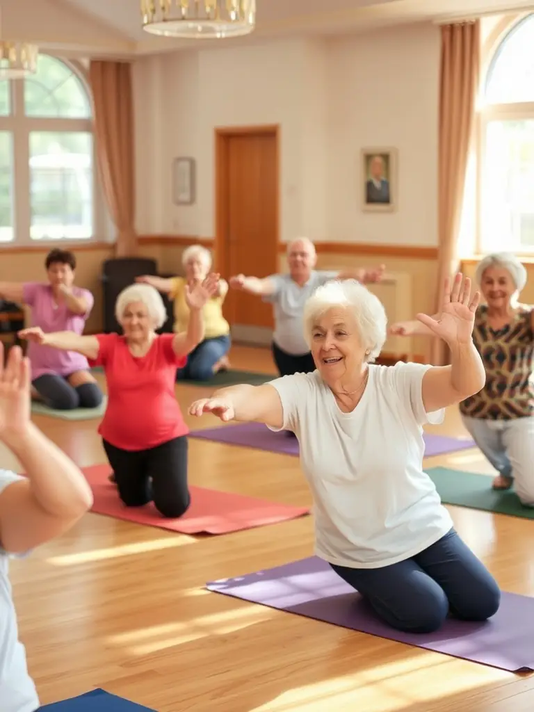 A diverse group of participants engaged in a low-impact aerobics class, led by an instructor in a community center. The image should show energy and inclusivity.